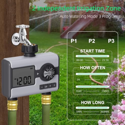 Agromato Drip Irrigation Controller – Automatic Watering System for Garden & Lawn, Programmable Sprinkler Timer for Precise Plant Irrigation (2-Zone Digital Timer)