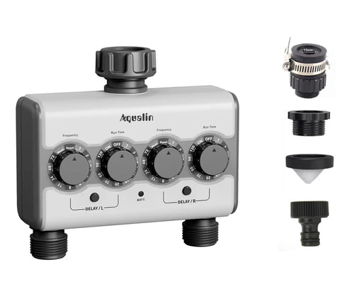 Agromato Dual-Outlet Knob Ball Valve Timer | 2 Independent Zones | Universal Adapter | Rain Delay | AM-21532