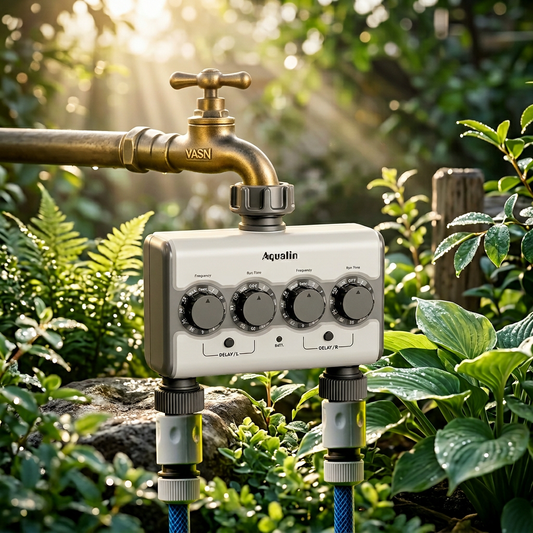 Agromato Dual-Outlet Knob Ball Valve Timer | 2 Independent Zones | Universal Adapter | Rain Delay | AM-21532