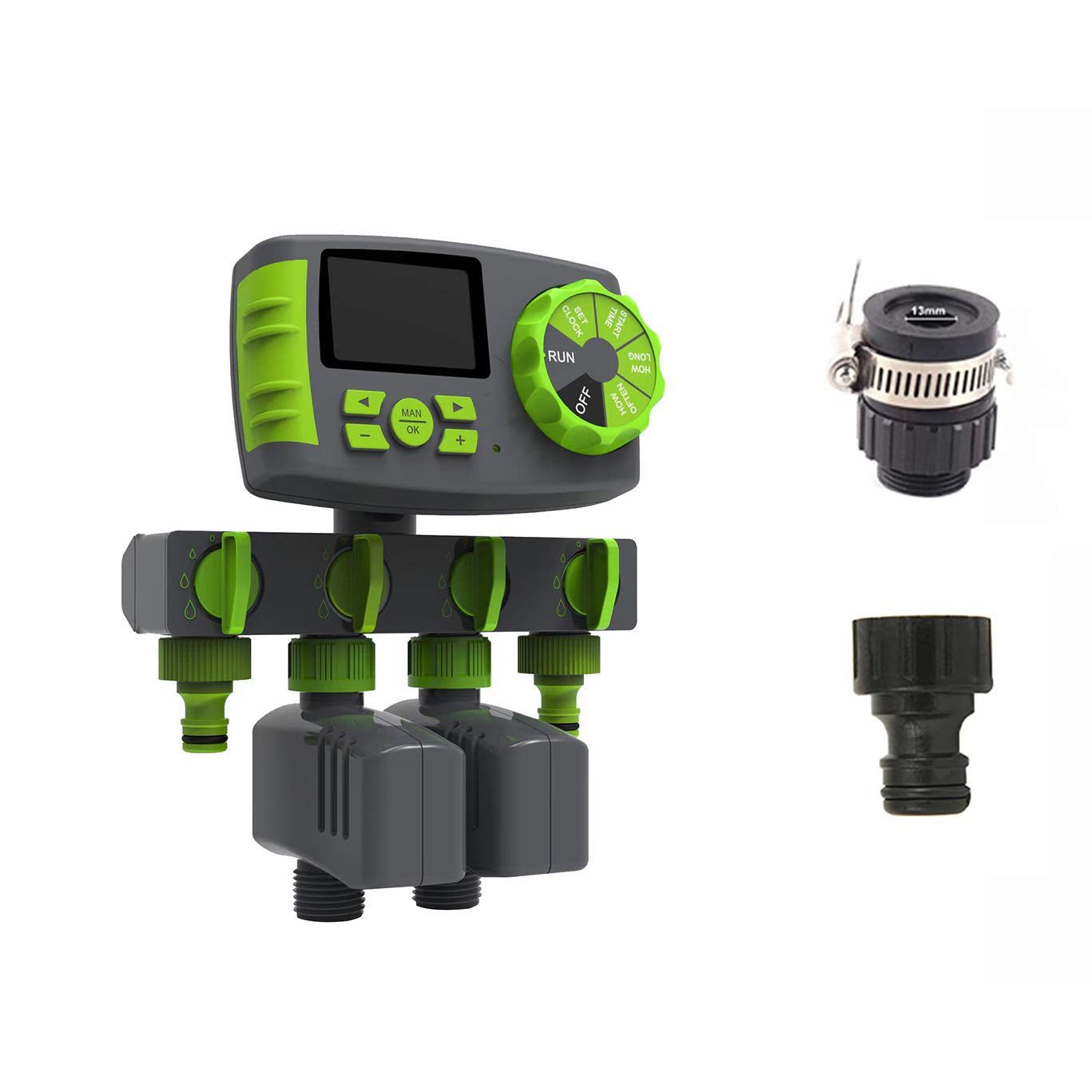 Aqualin automatic 4-zone drip irrigation water timer system with 2 solenoid valves and universal adapter