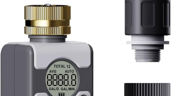 Agromato AM-21295 Digital Garden Flow Meter showing LCD display with real-time water usage