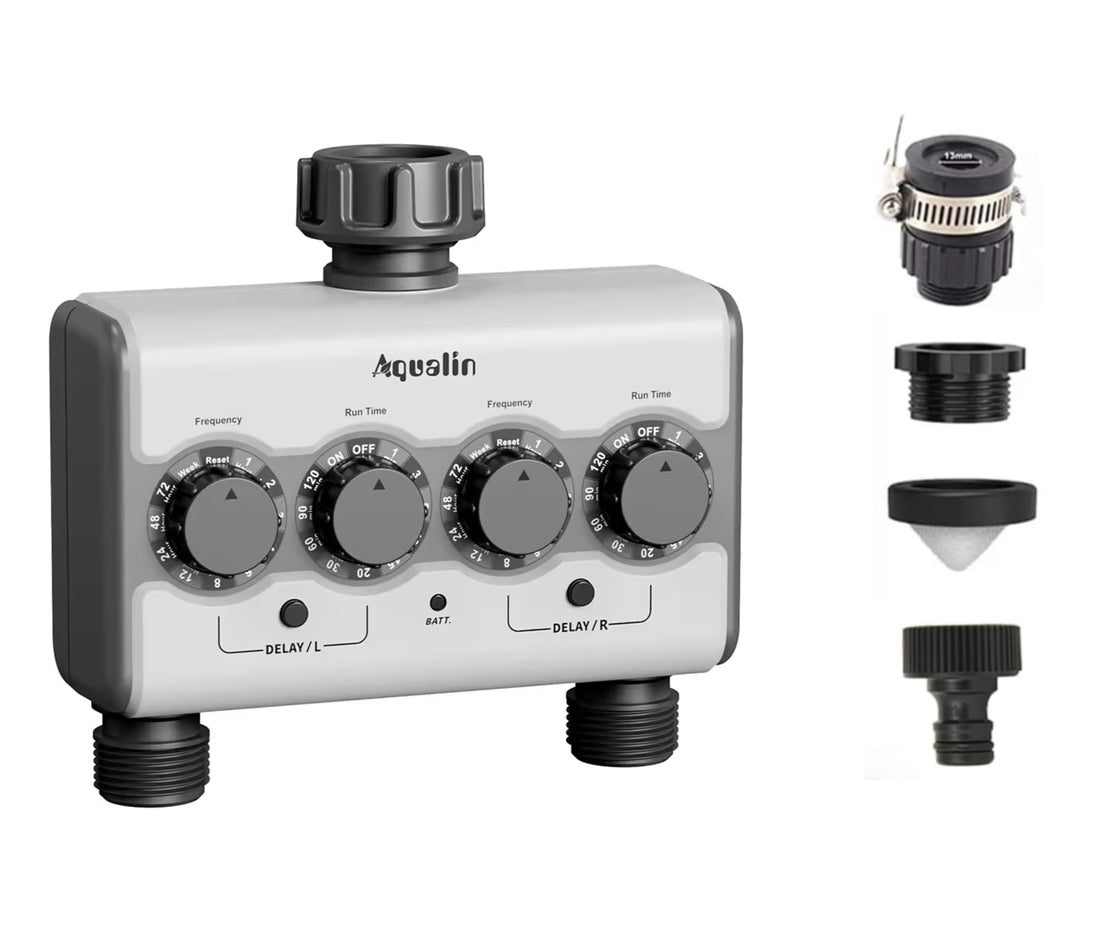 Agromato AM-21532 Dual-Outlet Knob Ball Valve Timer with two independent watering zones