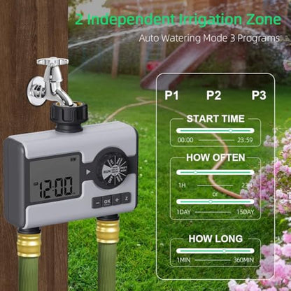 Agromato Drip Irrigation Controller – Automatic Watering System for Garden & Lawn, Programmable Sprinkler Timer for Precise Plant Irrigation (2-Zone Digital Timer)