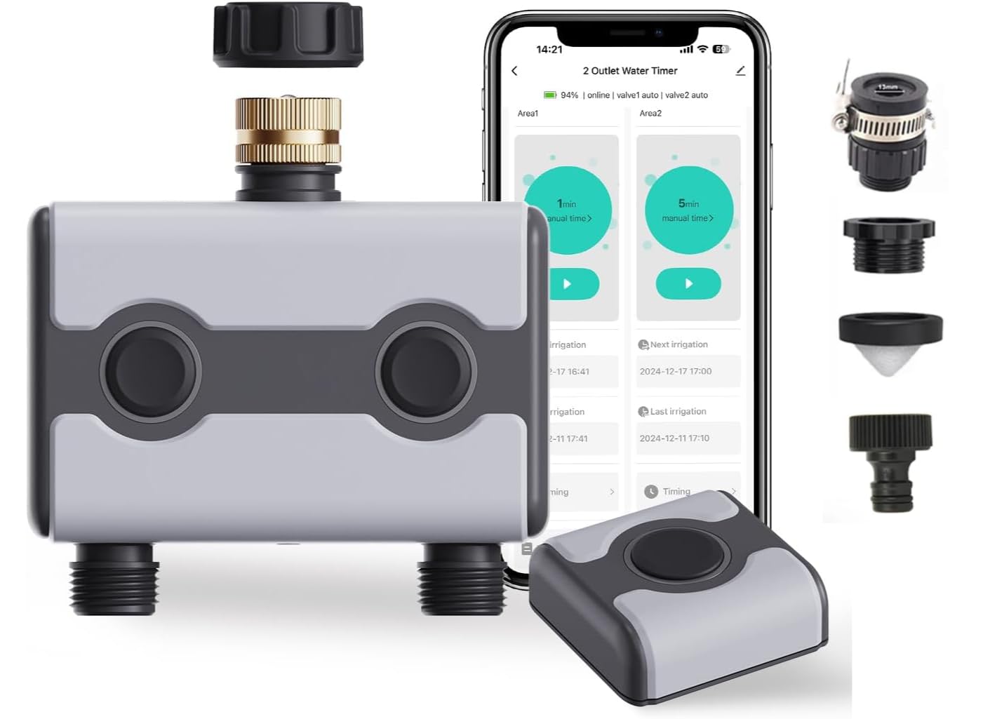 Agromato 2-Zone Wi-Fi Smart Irrigation Timer | Universal Adapter | App Control | Alexa & Google | AM-21188+21189