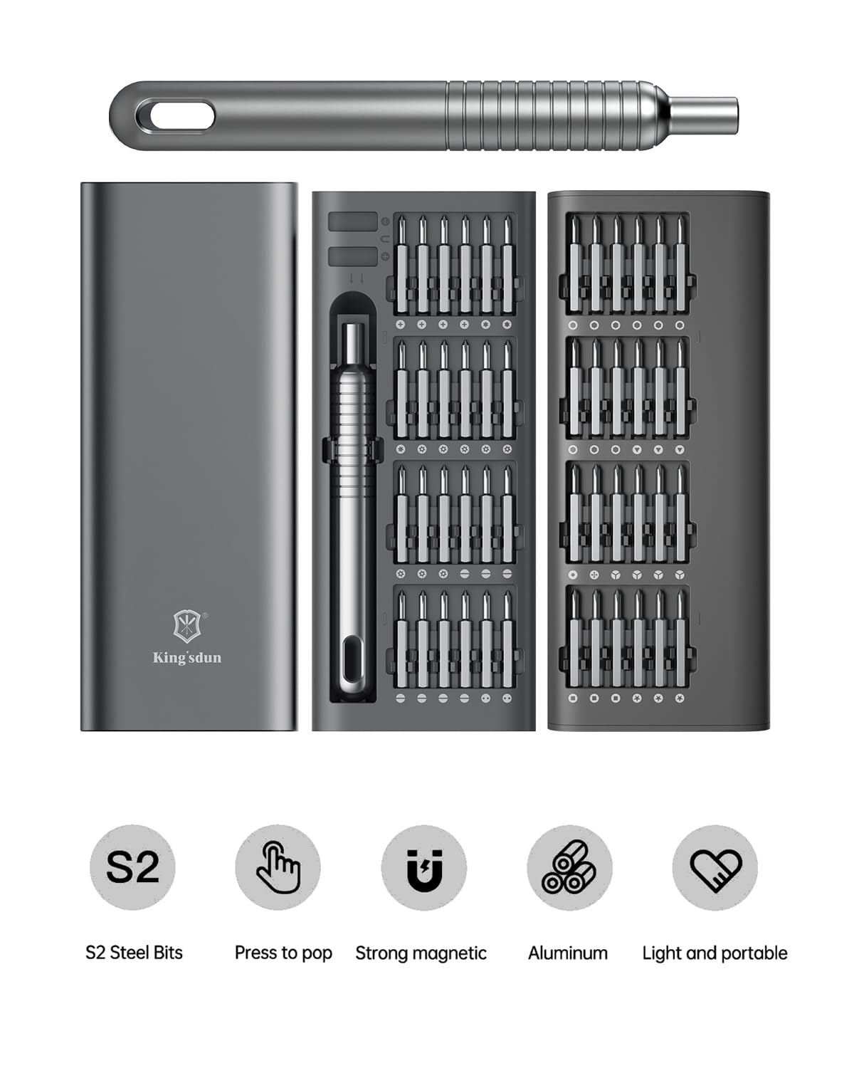 Kingsdun 51pc precision toolkit showing pop-up aluminum case with built-in magnetic bit storage