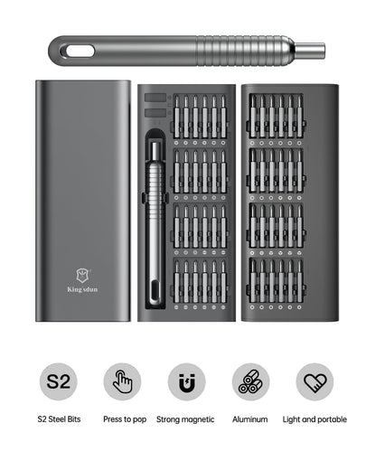 Kingsdun 51pc precision toolkit showing pop-up aluminum case with built-in magnetic bit storage