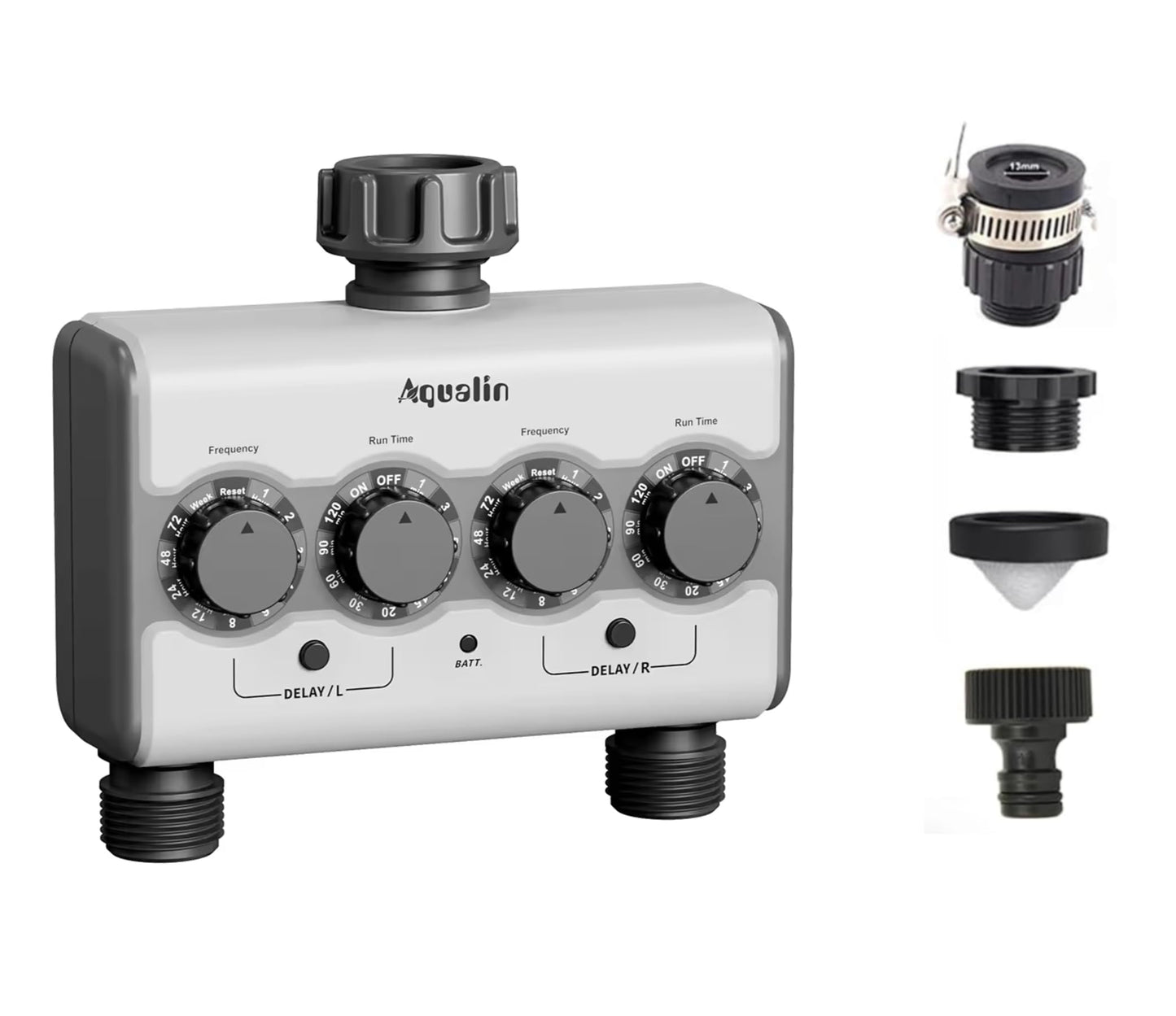 Agromato Dual-Outlet Knob Ball Valve Timer | 2 Independent Zones | Universal Adapter | Rain Delay | AM-21532