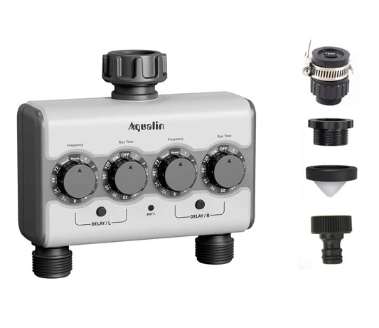 Agromato Dual-Outlet Knob Ball Valve Timer | 2 Independent Zones | Universal Adapter | Rain Delay | AM-21532