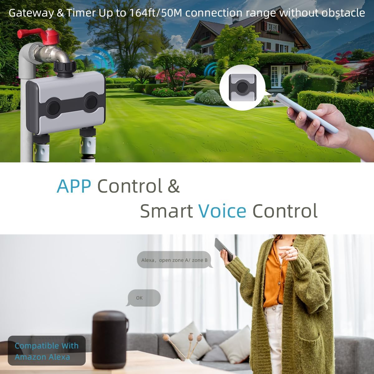 Agromato 2-Zone Wi-Fi Smart Irrigation Timer | Universal Adapter | App Control | Alexa & Google | AM-21188+21189