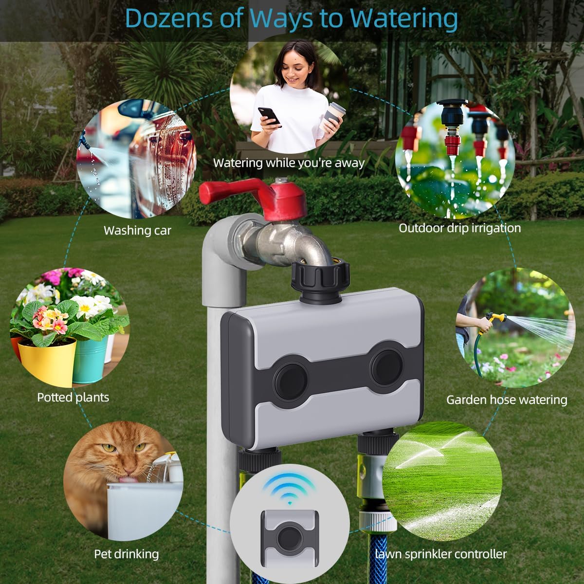 Agromato 2-Zone Wi-Fi Smart Irrigation Timer | Universal Adapter | App Control | Alexa & Google | AM-21188+21189
