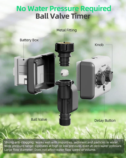 Agromato Single-Outlet Knob Ball Valve Timer | Simple Dial Control | Universal Adapter | Rain Delay | AM-21531