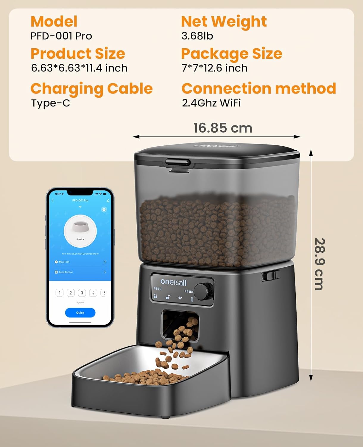 Oneisall Automatic Cat Feeder,3.5L/12 Cups WiFi Cat Food Dispenser with APP Control, Automatic Pet Feeder for Dry Food, Portion Control for 1-12 Meals/Day Timed Cat Feeder