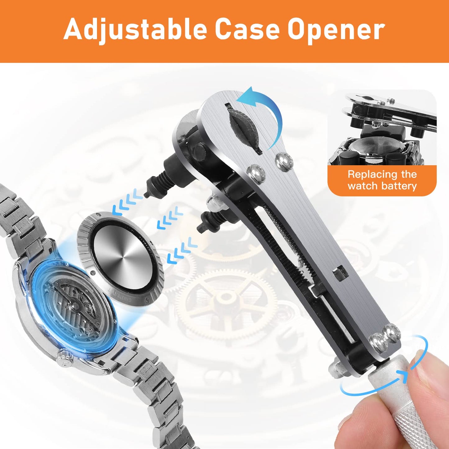 Kingsdun watch repair kit with 18-piece adjustable case opener wrench teeth set