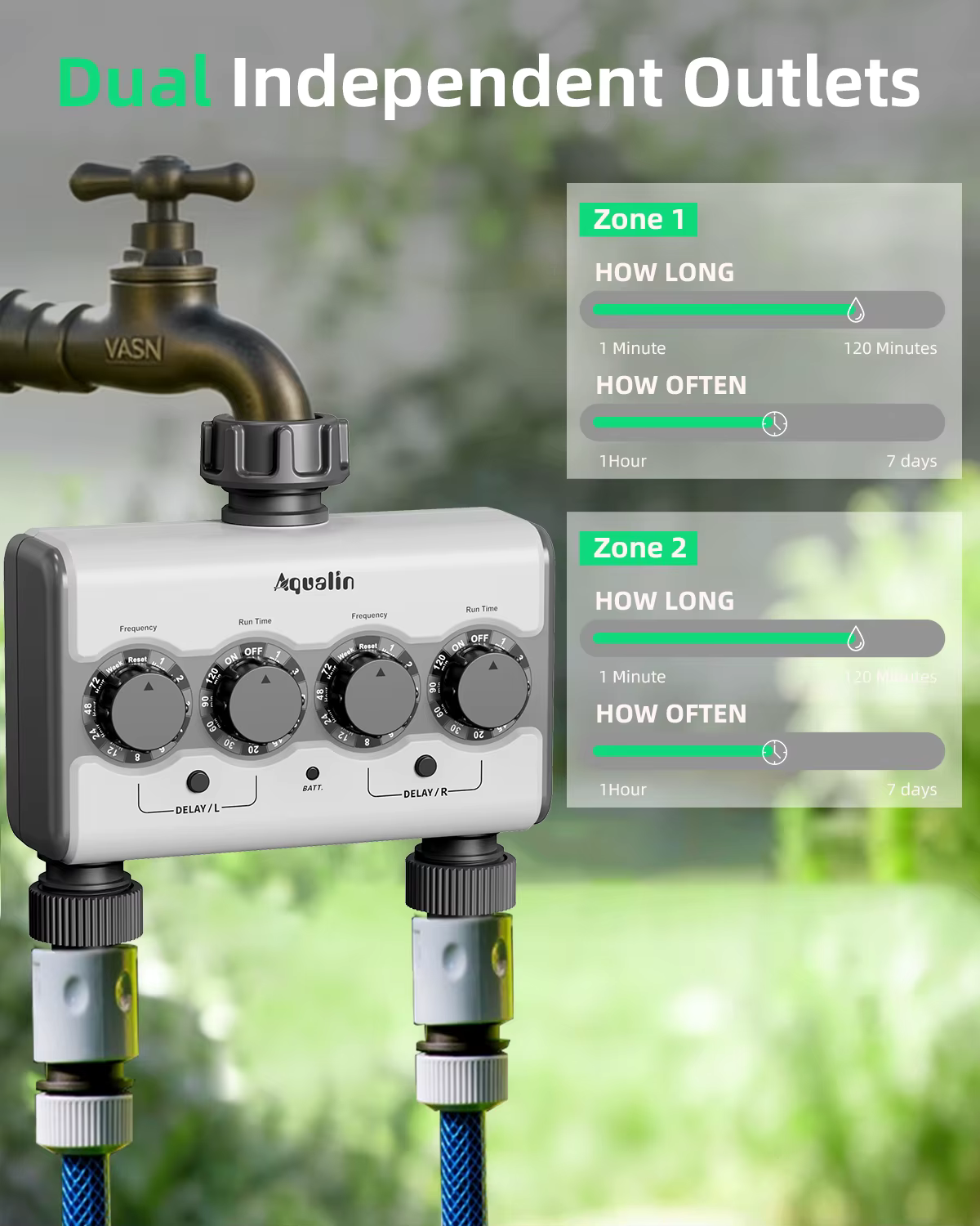 Agromato Dual-Outlet Knob Ball Valve Timer | 2 Independent Zones | Universal Adapter | Rain Delay | AM-21532