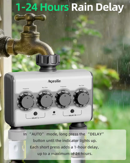 Agromato Dual-Outlet Knob Ball Valve Timer | 2 Independent Zones | Universal Adapter | Rain Delay | AM-21532