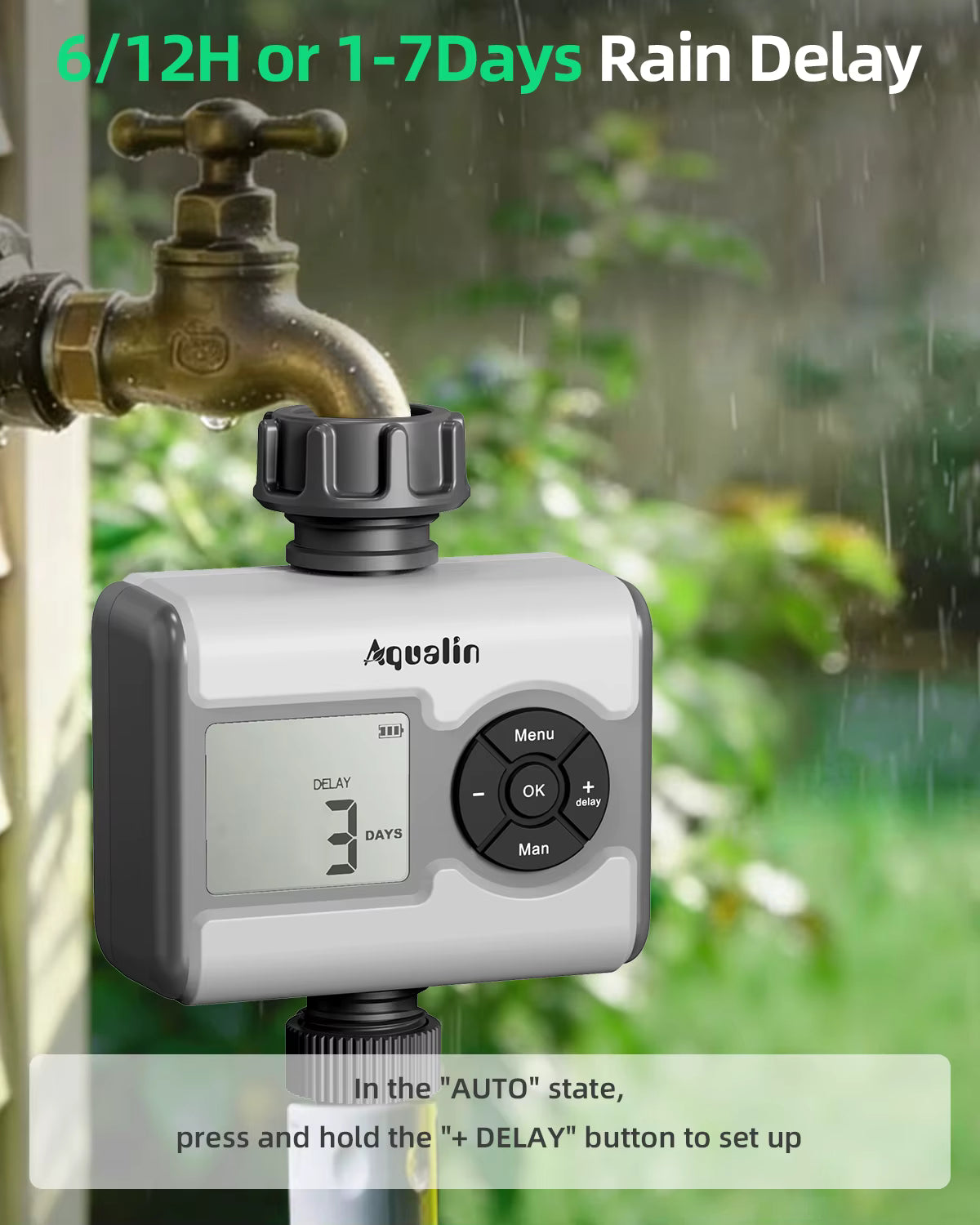 Agromato Single-Zone LCD Ball Valve Water Timer | 3 Programs | Universal Adapter | Rain Delay | AM-21533