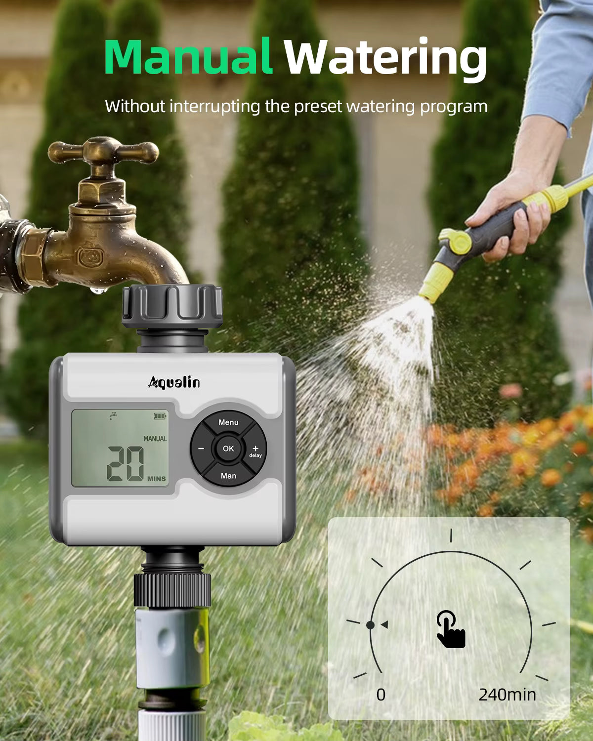 Agromato Single-Zone LCD Ball Valve Water Timer | 3 Programs | Universal Adapter | Rain Delay | AM-21533