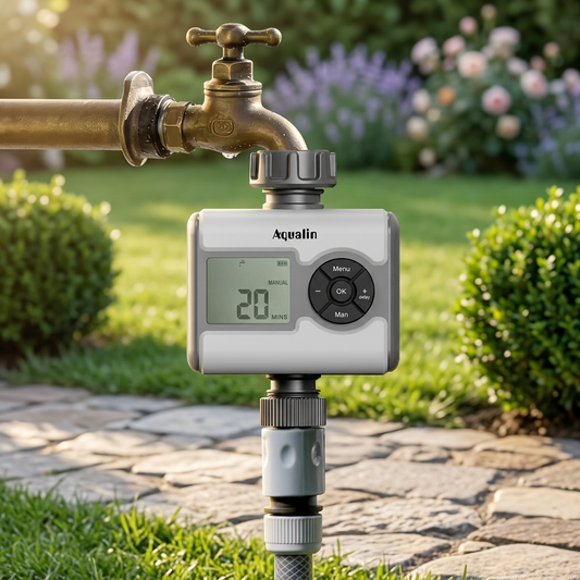 Agromato Single-Zone LCD Ball Valve Water Timer | 3 Programs | Universal Adapter | Rain Delay | AM-21533