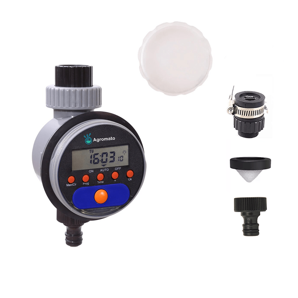 Agromato® Automatic Ball Valve Drip Irrigation Water Timer with LCD Display | Updated Model | Universal Tap Adapter - Agromato