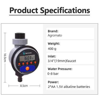 Agromato® Automatic Ball Valve Drip Irrigation Water Timer with LCD Display | Updated Model | Universal Tap Adapter - Agromato