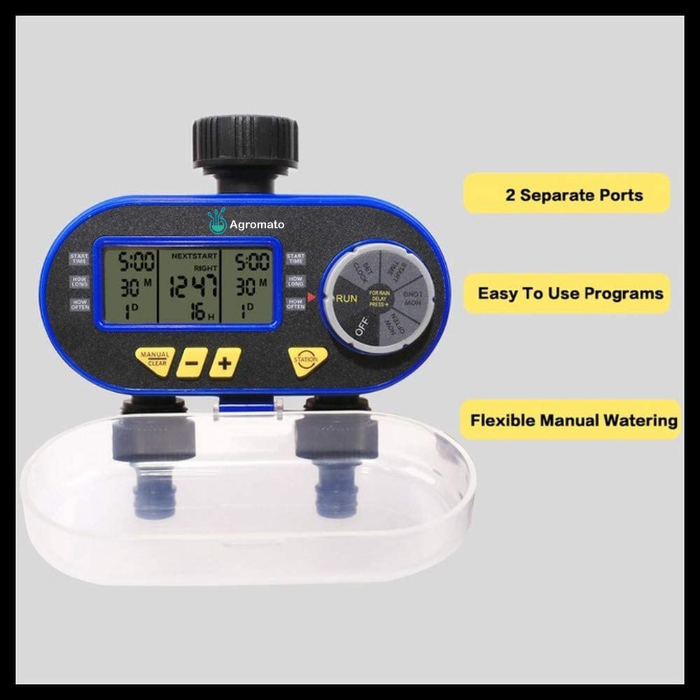 Aqualin Two Outlet Solenoid Garden Drip Irrigation Timer | Dual - Zone | Multiple Programs | Universal Tap Adapter | Batteries Included - Agromato