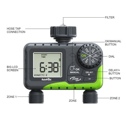 RainPoint ITV205 Mini Digital Sprinkler Timer 2 - Zone Hose Water Timer - Agromato