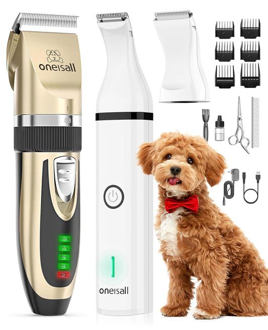 Oneisall Dog Clippers and Paw Trimmer Kit 2 in 1 Low Noise Cordless Pet Grooming Kit for Small and Large Dogs Cats