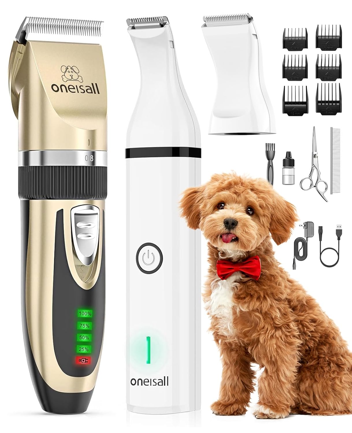 Oneisall 2-in-1 cordless low noise dog clippers and paw trimmer grooming kit for small and large dogs and cats