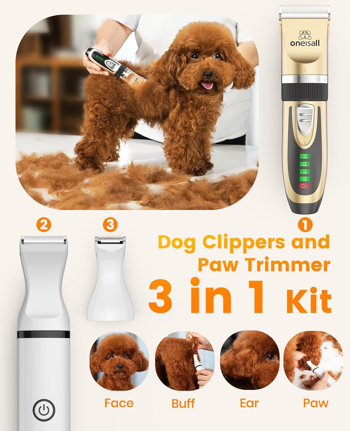 Oneisall Dog Clippers and Paw Trimmer Kit 2 in 1 Low Noise Cordless Pet Grooming Kit for Small and Large Dogs Cats